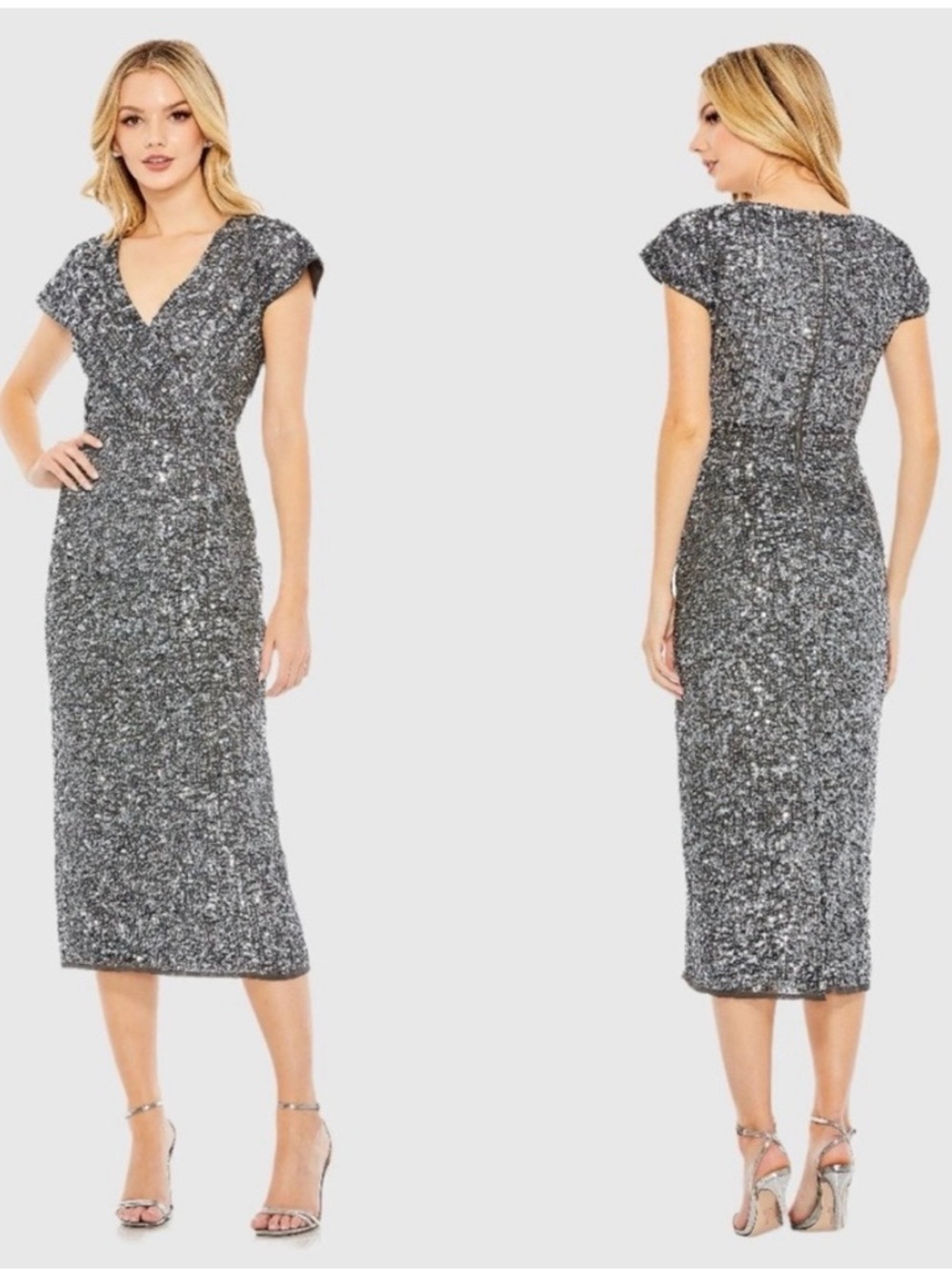 Mac Duggal Silver Sequin V-Neck Midi Dress